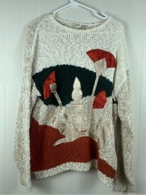Vintage Cottagecore Golden‎ Girls Art Knit Sweater Floral Appliqué Cozy Boho M